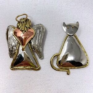 Vintage Mixed Metal Brooch Set Angel with Copper Heart and Stylized Cat Pin